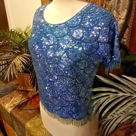 VTG 50's JO RO BOUTIQUE beaded Dk Turquoise Blouse - Picture 2 of 5